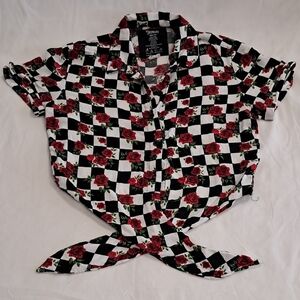 Black and White Checkered Rose Button Down Shirt - Spencers, Size Small